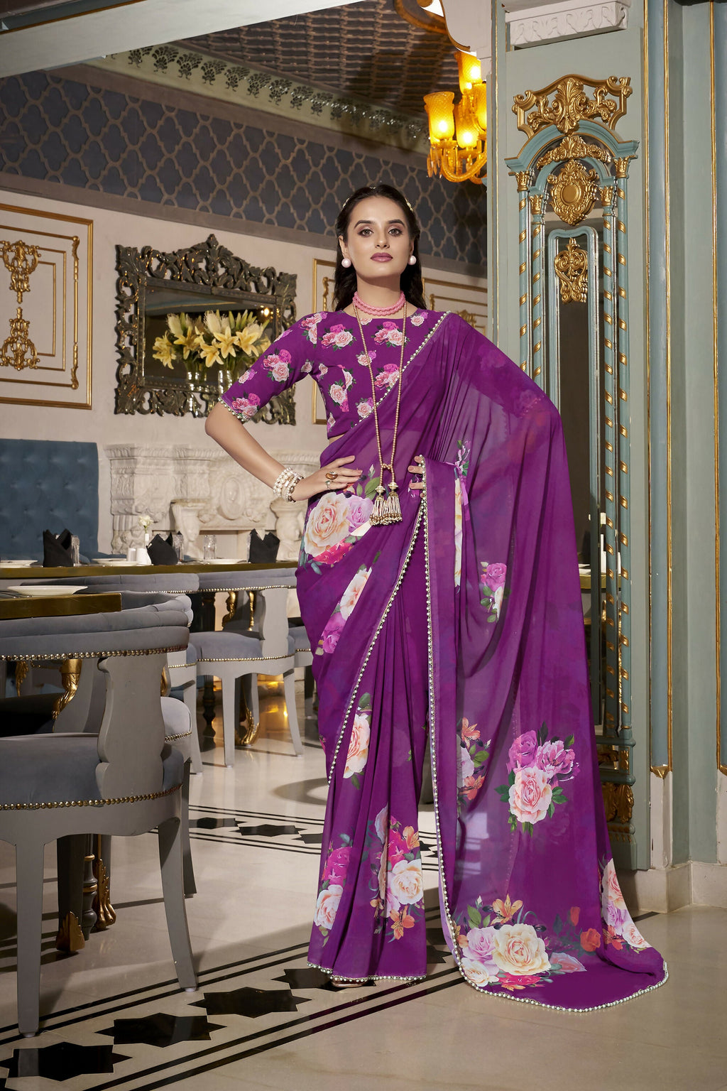 Vastranavya Purple Spectacular Georgette Printed with Pearl Lace Saree with Unstitched Blouse - Distacart