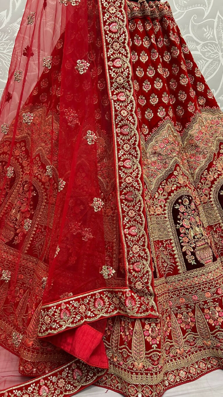Jyoti Fashion Women's Red Velvet Multi Thread Embroidered with Zircon Diamond Wedding Lehenga Choli