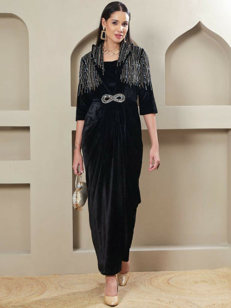 Joban Fashion Women Black Velvet Hand Embellishment Stitched Dress