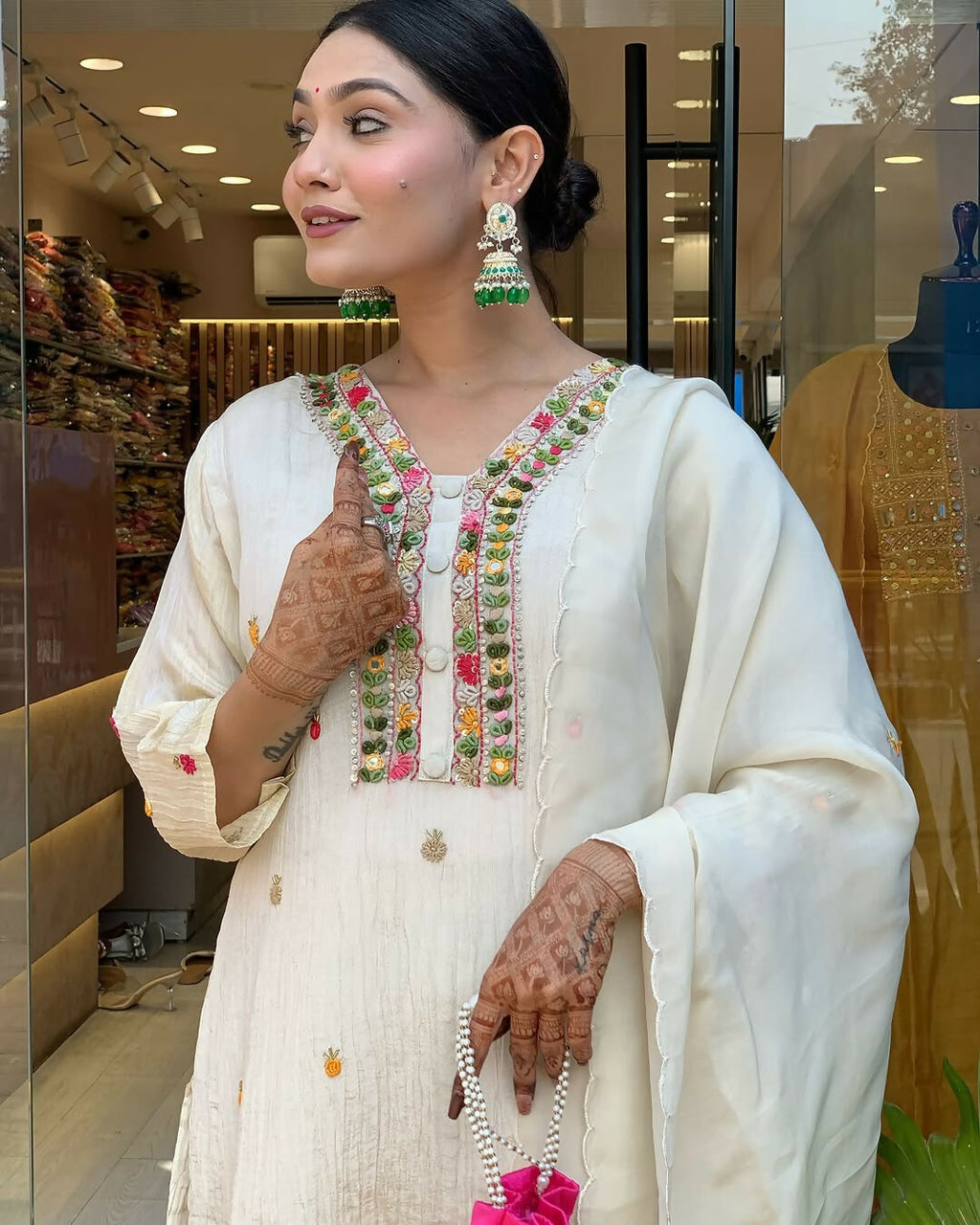 The52 Off White Women's Gorgeous Chinon Fabric Embroidered Work Straight Kurta Pant and Dupatta Set - Distacart
