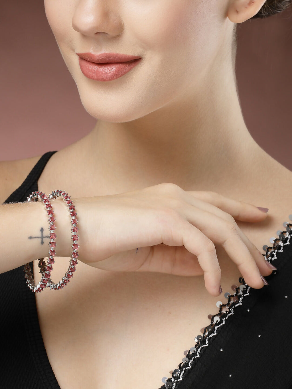 NVR Women's Set of 2 Pink CZ Stone-Studded Handcrafted Bangles - Distacart