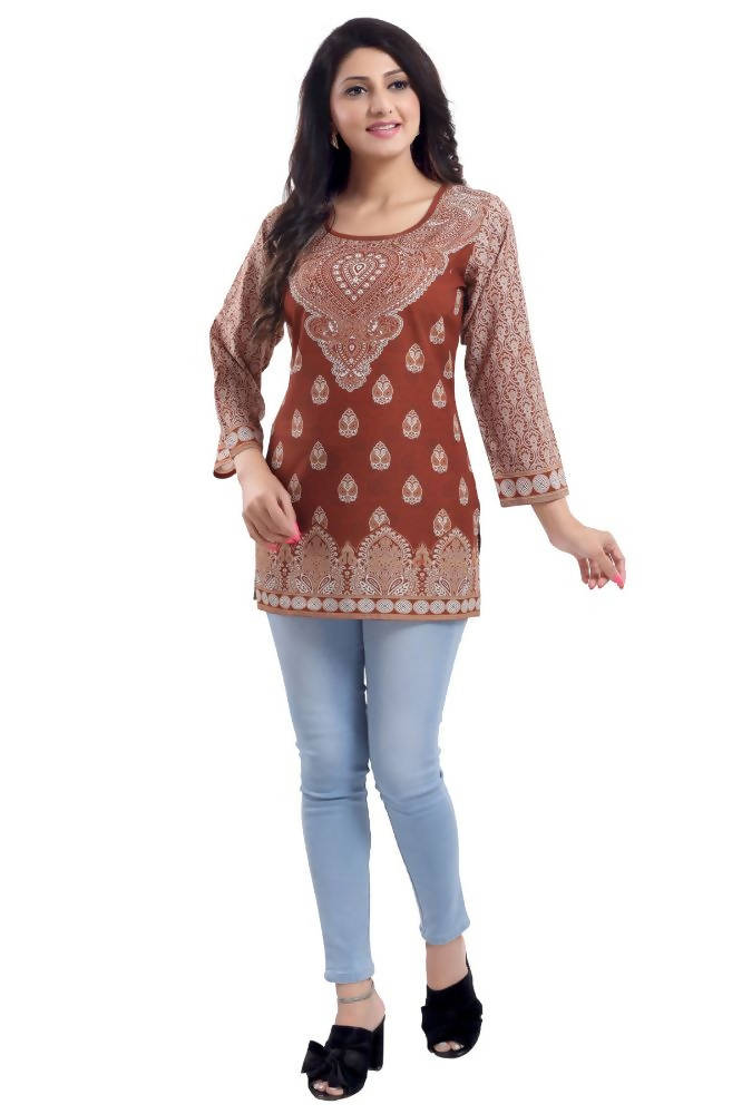 Snehal Creations Faux Crepe Rust Short Kurti Tunic Top