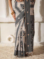 Shree Shyam Fashion Linen Cotton Black & Cream Saree - Distacart
