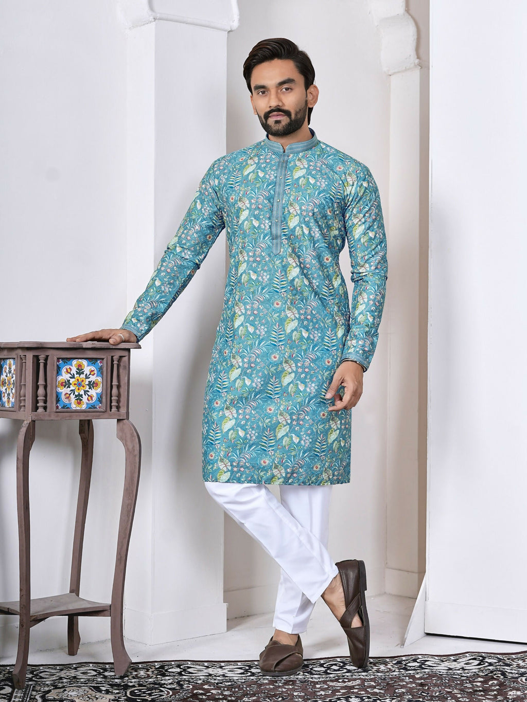 Anaita Blue Digital Printed Work Cotton Straight Kurta