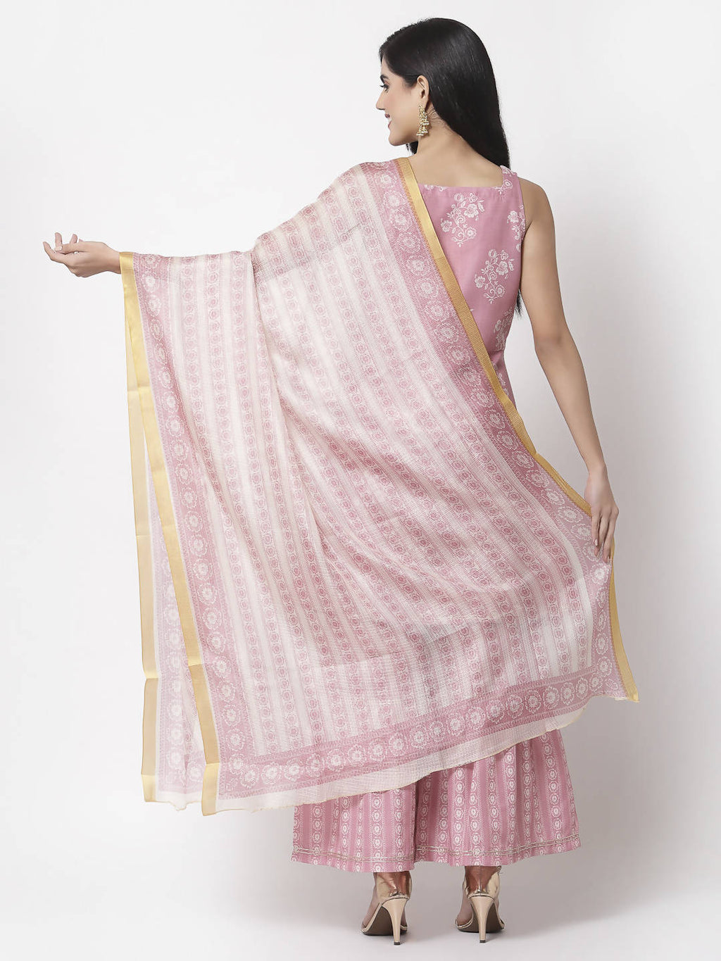 Myshka Women Peach Cotton Blend Printed Sleeveless Shoulder Straps Kurta With Sharara & Dupatta Set