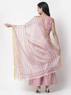 Myshka Women Peach Cotton Blend Printed Sleeveless Shoulder Straps Kurta With Sharara & Dupatta Set