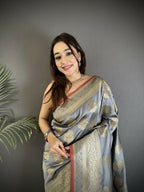Joban Fashion Grey Ethnic Floral Motifs Soft Lichi Silk Banarasi Saree - Distacart