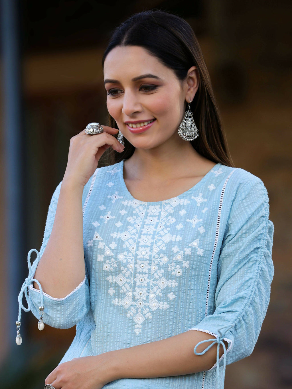 Juniper Women's Blue Sheer Sucker Embroidered Straight Kurta - Distacart