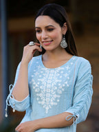 Juniper Women's Blue Sheer Sucker Embroidered Straight Kurta - Distacart