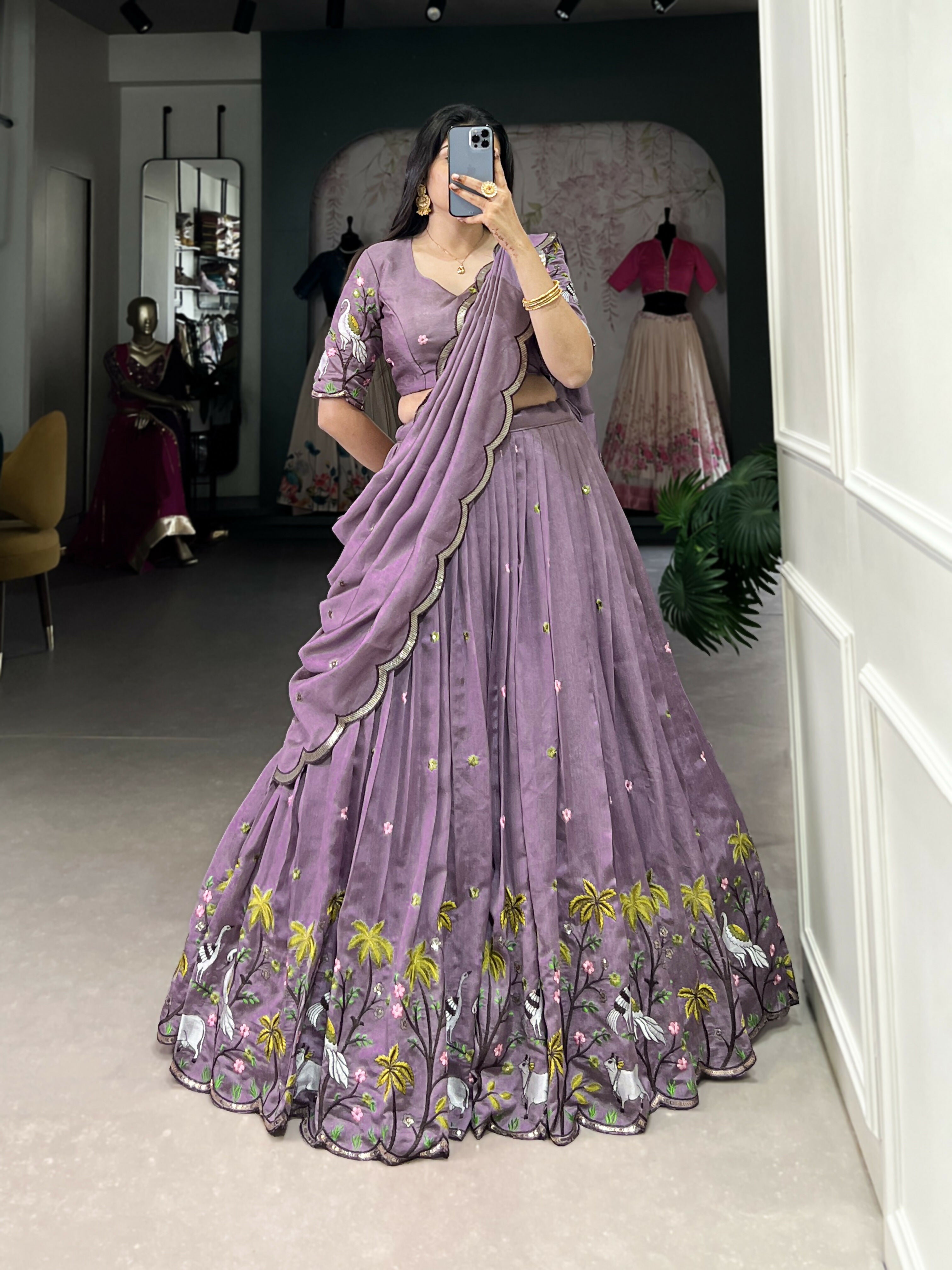 Lorenvalley Lavender Vichitra Simmer Sequins and Thread Embroidery Work Lehenga Choli