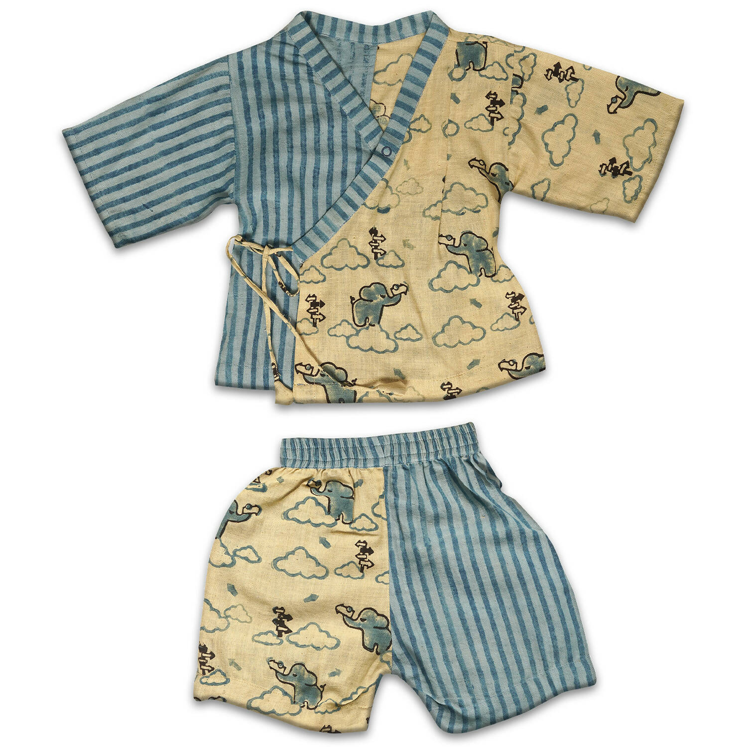 Mhyssa Blue And Beige V Neck Kimono Style Short Sleeve Printed T-shirt With Matching Shorts Set