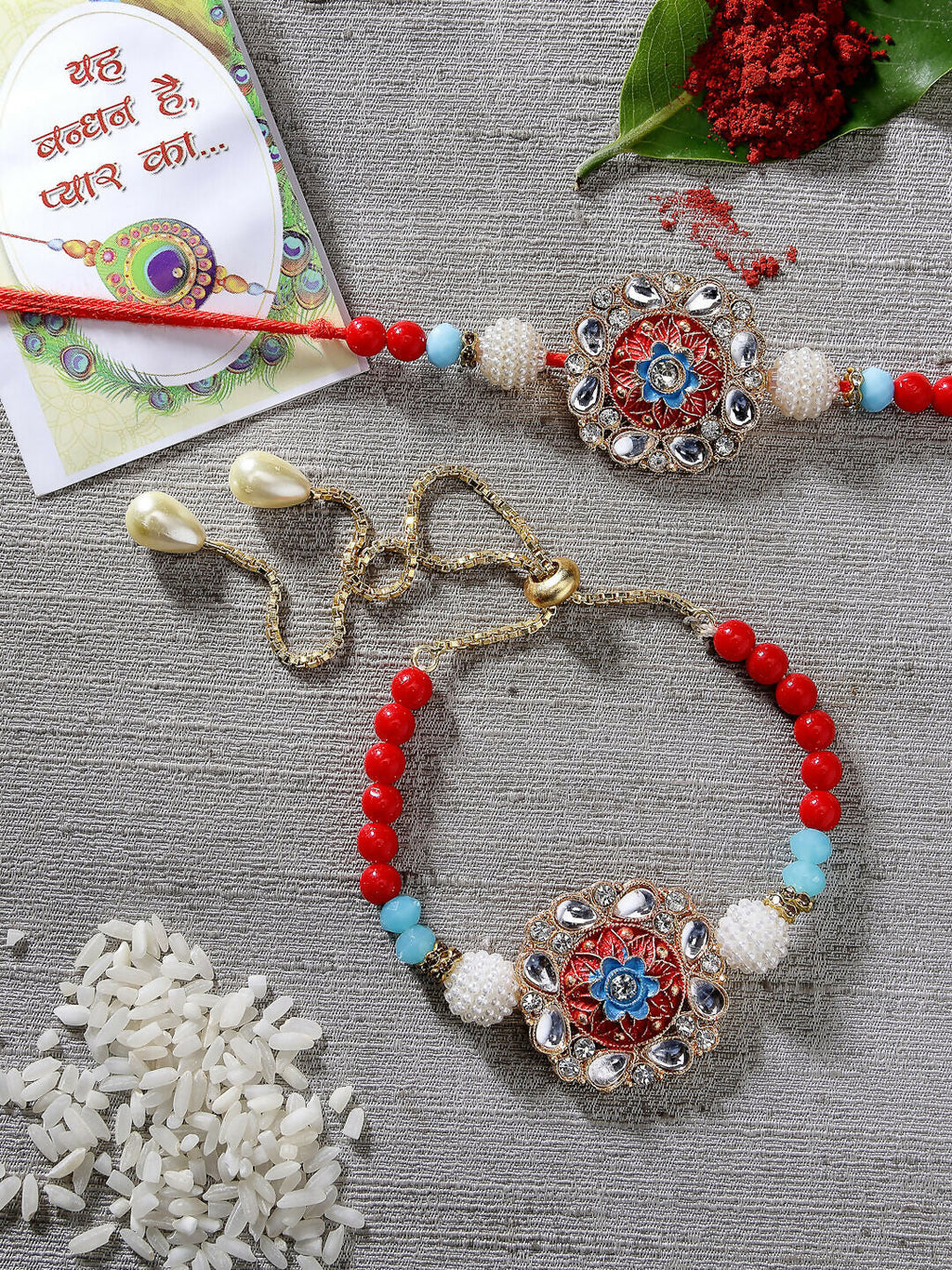 NVR Women & Men Set of 2 Red-colored Stone-Studded & Beaded Bhaiya Bhabhi Rakhi With Roli Chawal - Distacart