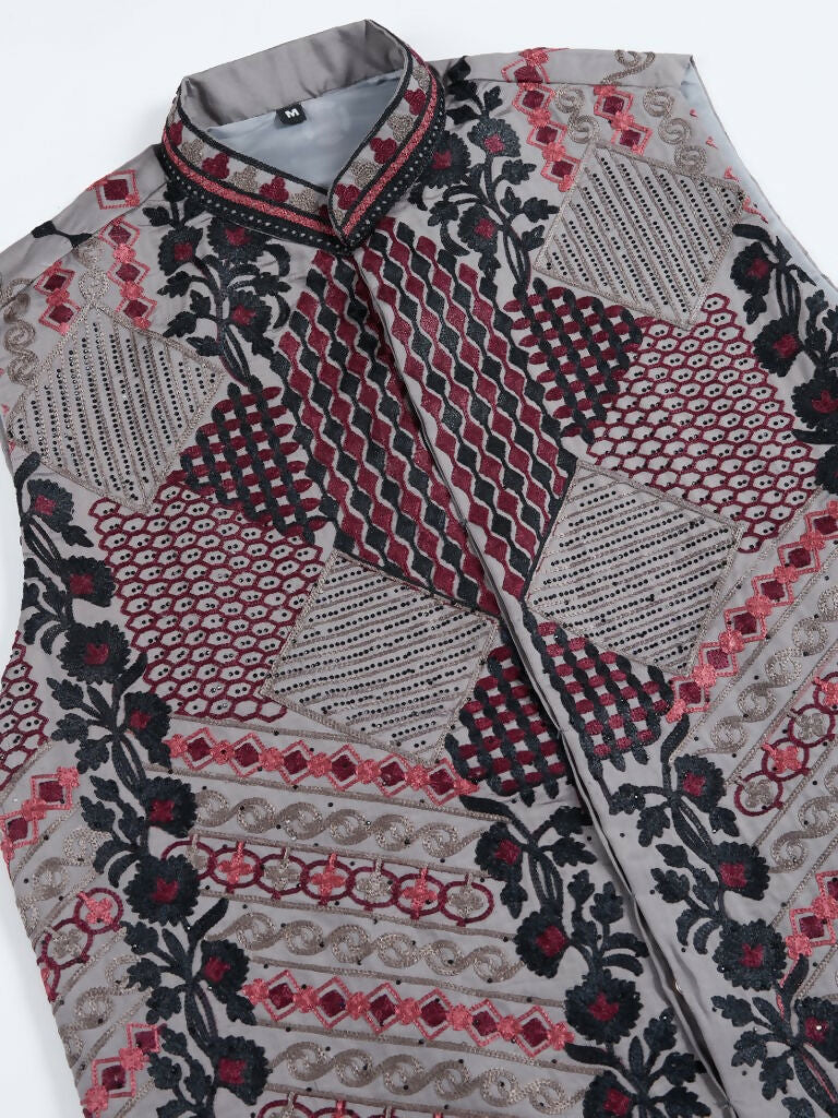 Vastranavya Grey Exclusive Festival Viscose Silk Thread & Swarovski Embroidered Work Mens Wear Kurta & Koti