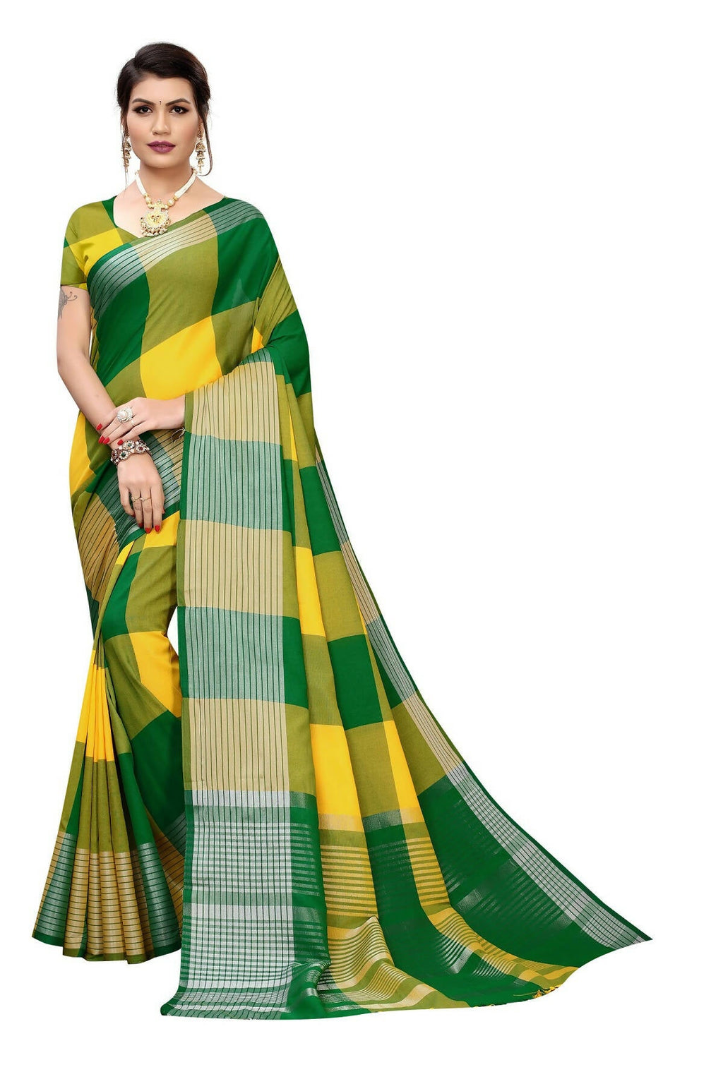 Vamika Yellow Cotton Silk Weaving Saree (Gamma Checks Yellow) - Distacart