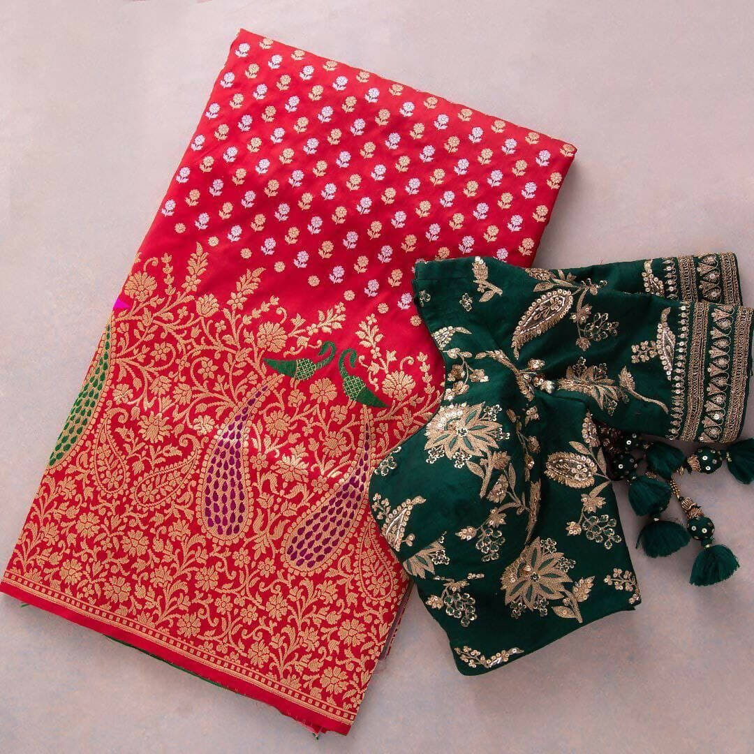 DEIANA'S Beautiful Designer Golden zari Soft Lichi Silk Saree - Red