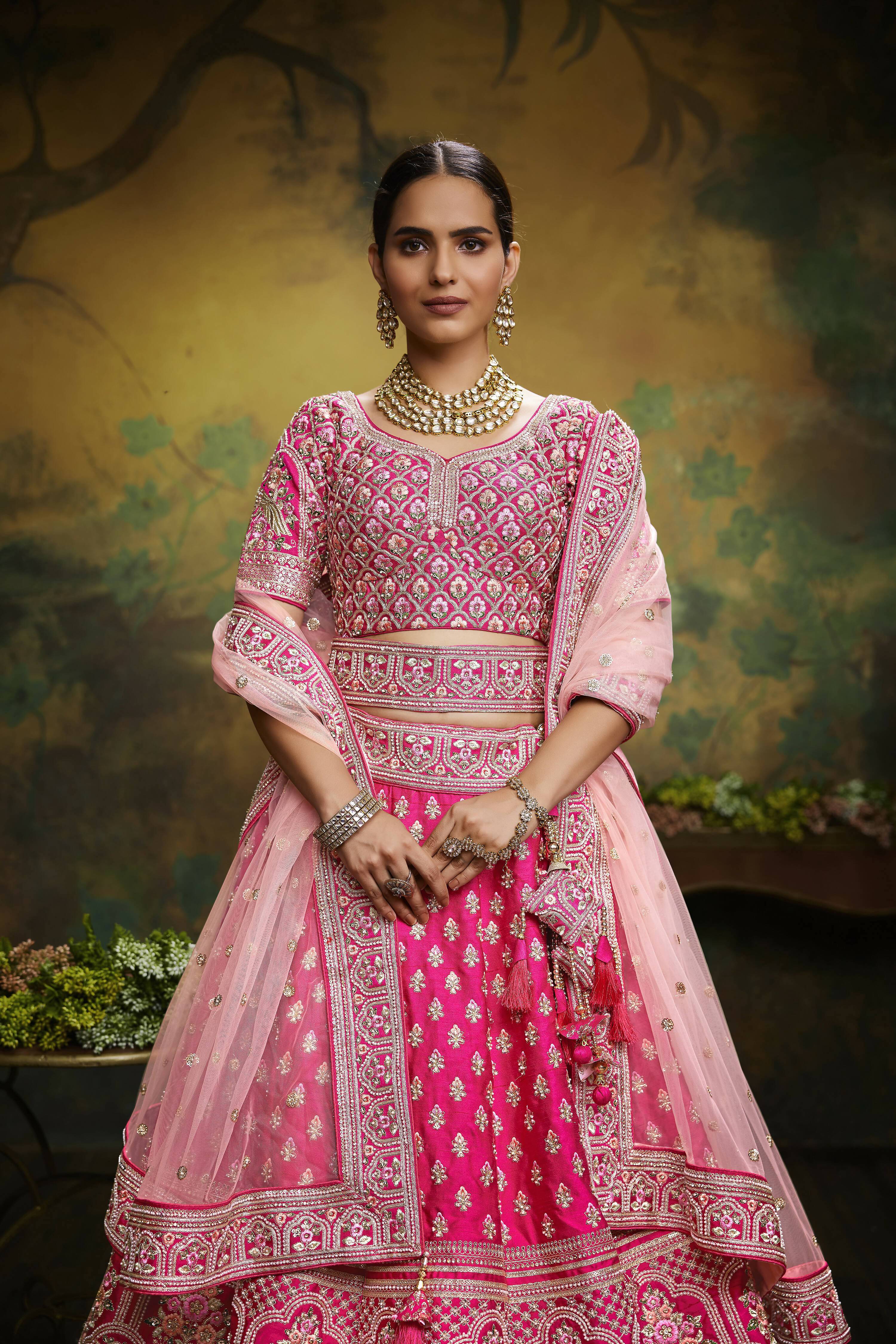 House of Panchhi Pink Pure Silk Moti & Zarkan heavy embroidery Lehenga choli & Dupatta