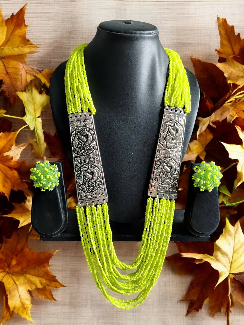Inhanns Saree Shobha Statement Necklace & Earring Set - Neon Green Necklace With Earrings