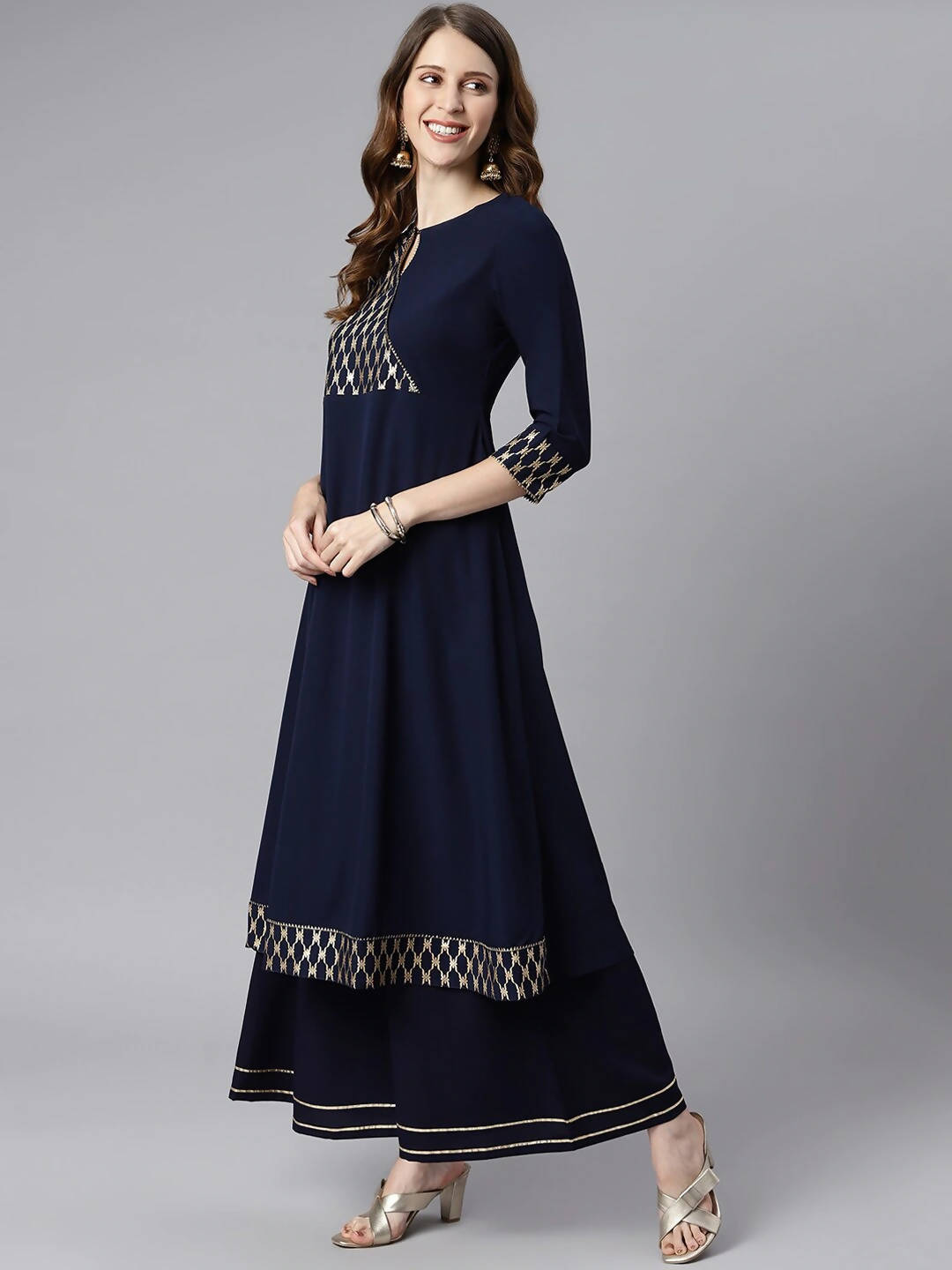 Janasya Navy Blue & Gold-Toned Printed Yoke Design Keyhole Neck Crepe Anarkali Kurta - Distacart
