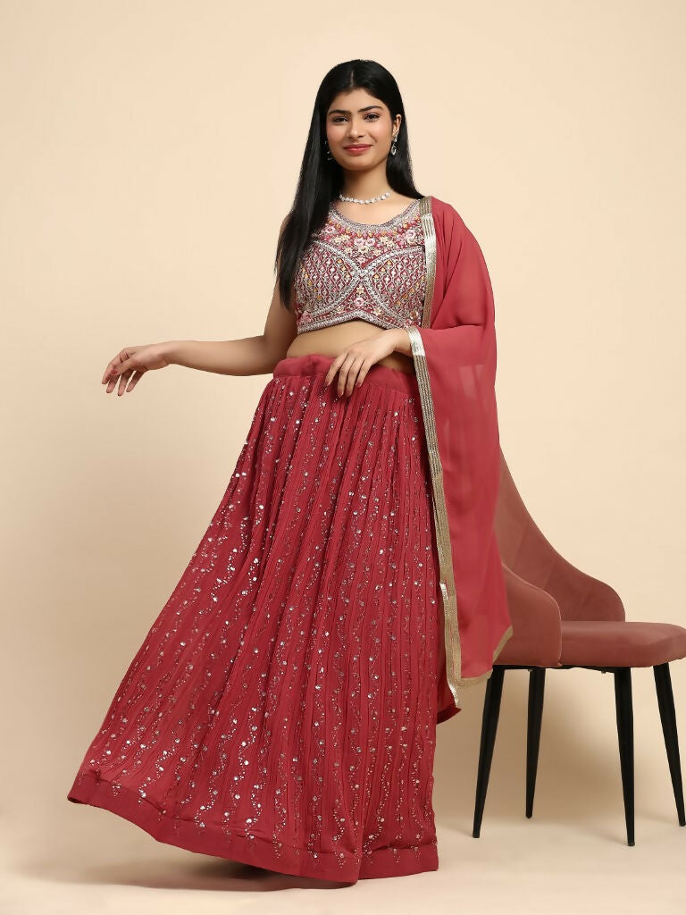 Red Georgette Embroidered Lehenga choli with Dupatta - Dhara