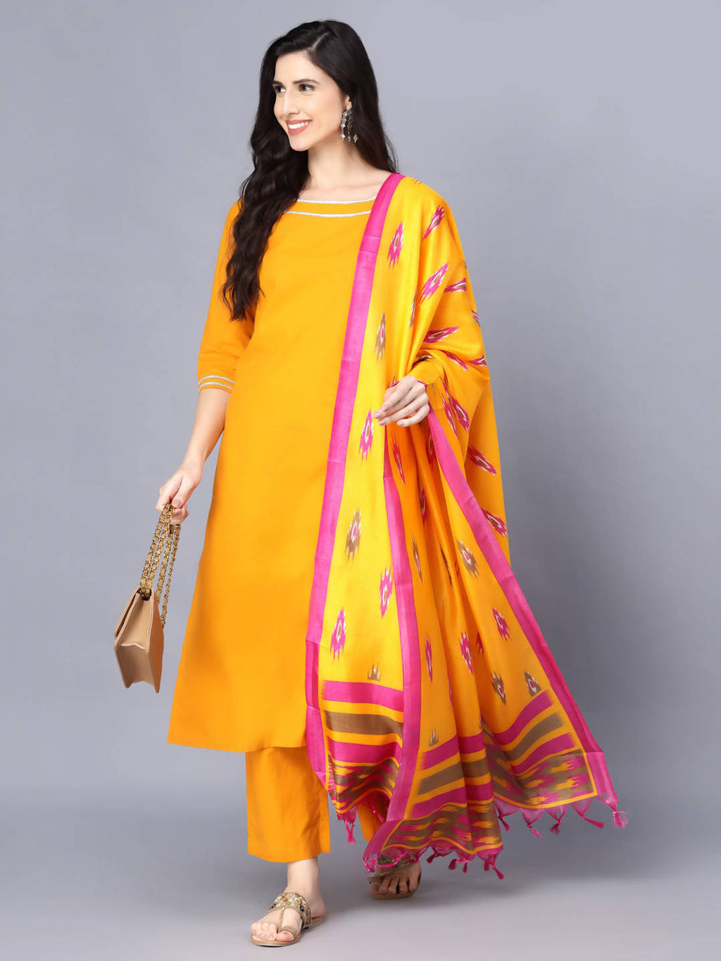 Myshka Women Mustard Yellow Pure Cotton Kurta with Trousers With Dupatta - Distacart