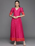 Ahalyaa Women's Pink Chanderi Gold Foil Print Dress - Distacart