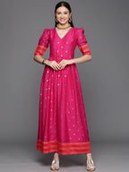Ahalyaa Women's Pink Chanderi Gold Foil Print Dress - Distacart