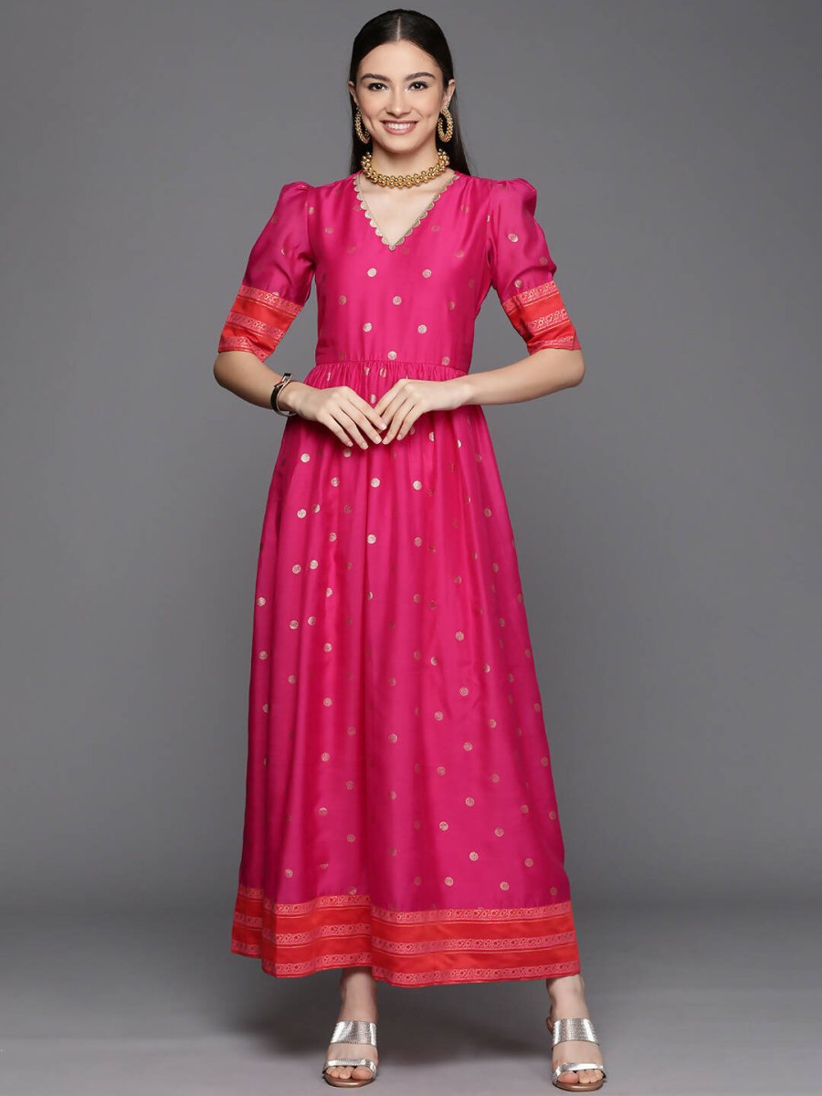 Ahalyaa Women's Pink Chanderi Gold Foil Print Dress - Distacart