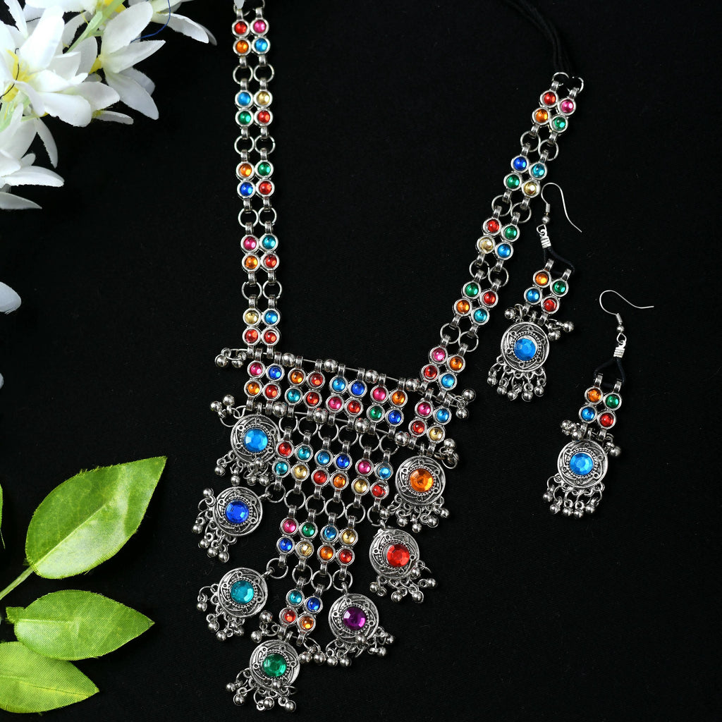 Mominos Fashion Johar Kamal Oxidised Silver-Plated Brass Finish Multi Kundan Afghani Long Necklace For Women - Distacart