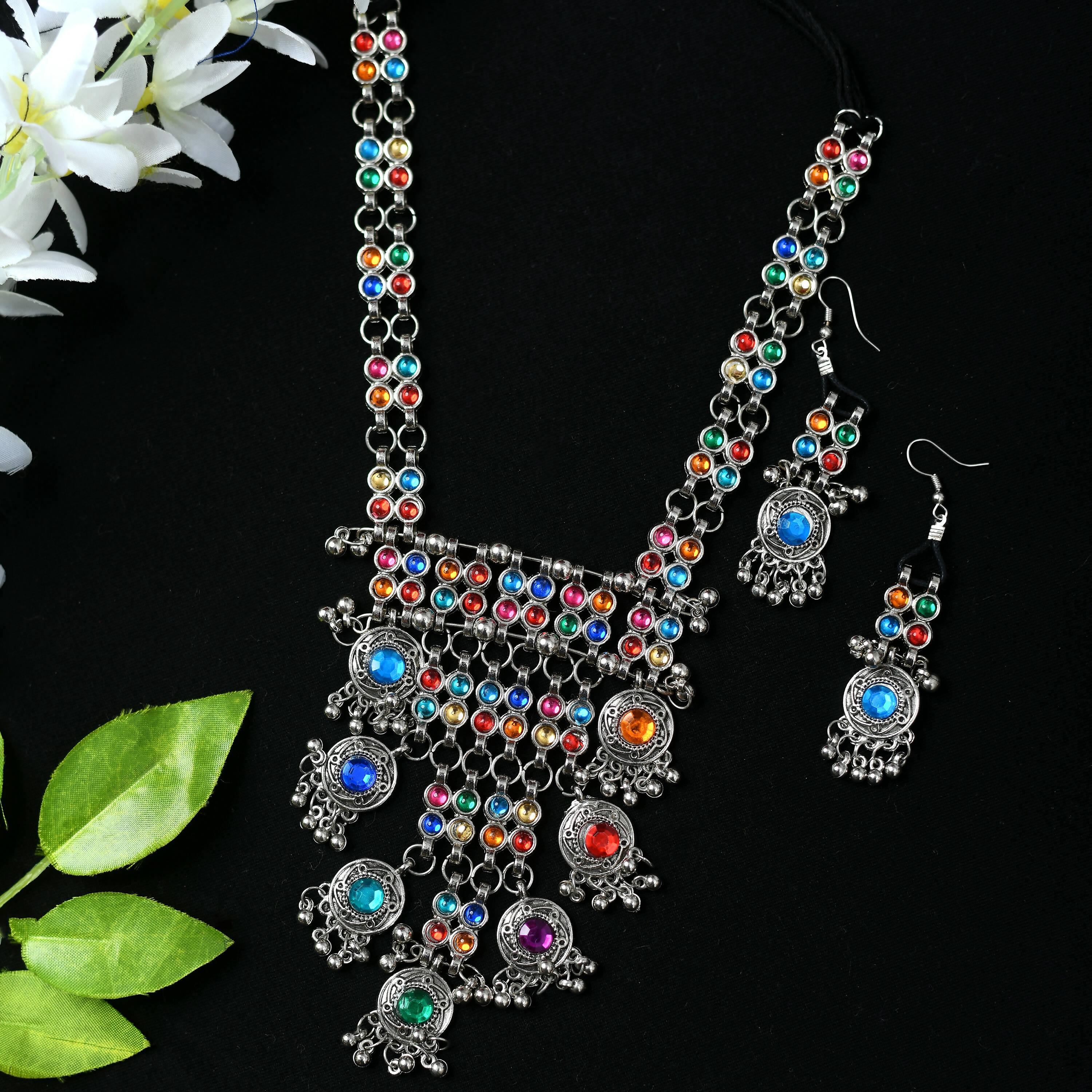 Mominos Fashion Johar Kamal Oxidised Silver-Plated Brass Finish Multi Kundan Afghani Long Necklace For Women - Distacart