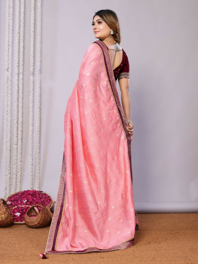 Pink Tusser Silk Zari And Sequins Embroidery Saree - Norita Saumya