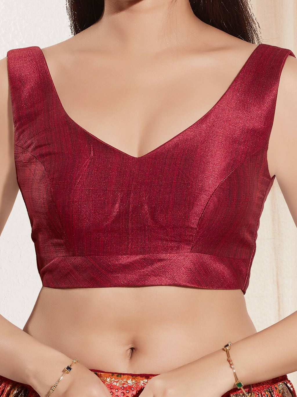 Joban Fashion Dark Maroon Mulberry Silk Padded Blouse With Round Neck Sleeveless - Distacart