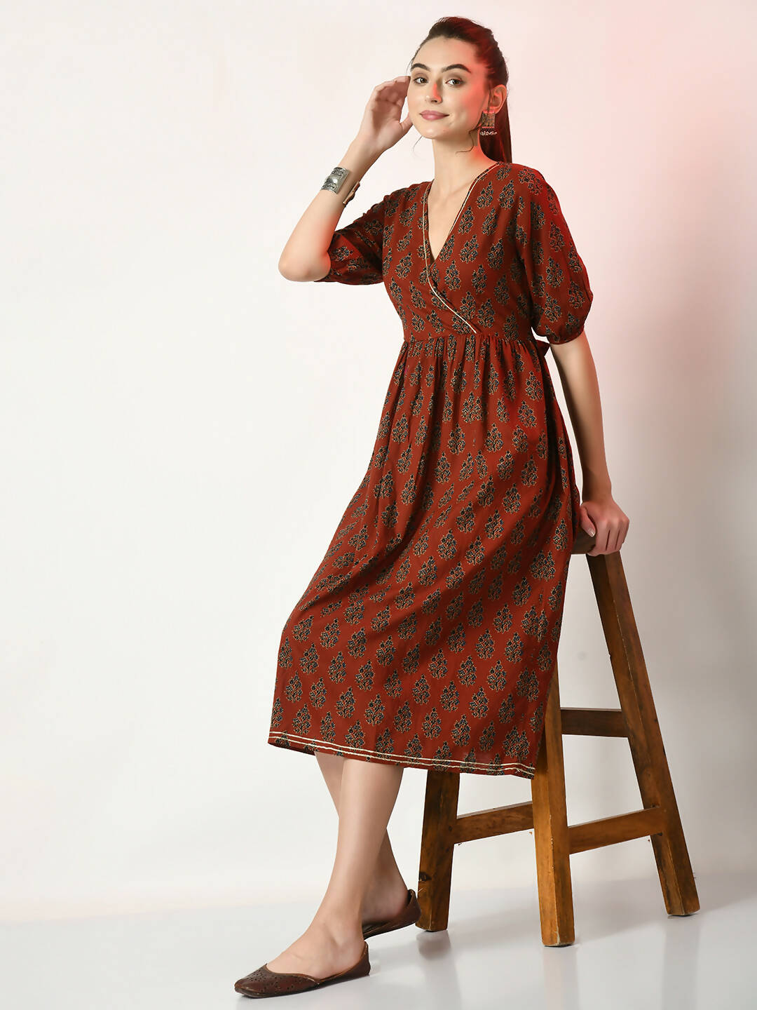 Myshka Women's Rust Empire Printed Dress - Distacart