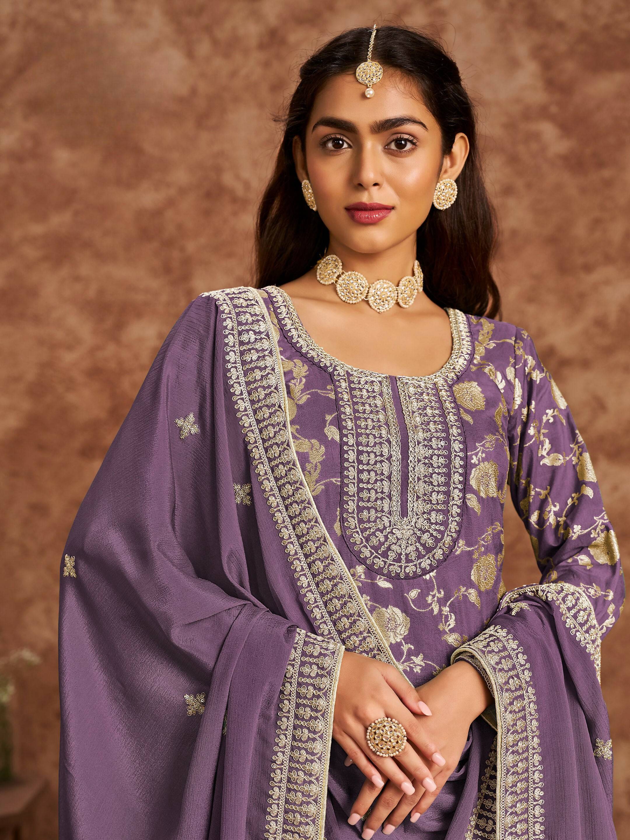 Anaita Purple Premium Dolla Jacquard Embroidered Stitched Salwar Suit - Distacart