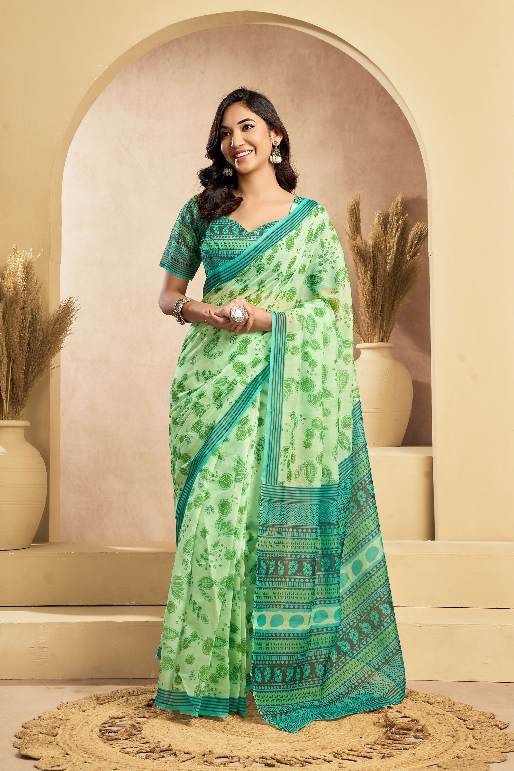 Vastranavya Mint Green Digital Printed Linen Ready To Wear Designer Saree with Unstitched Blouse - Distacart