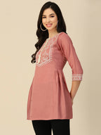 Peach Chinon Slub Floral Embroidered Top - Zeny