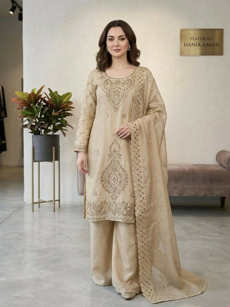 Teeya Creation Cream Color Gimmychu Silk Embroidery Work Wedding Wear Salwar Suit
