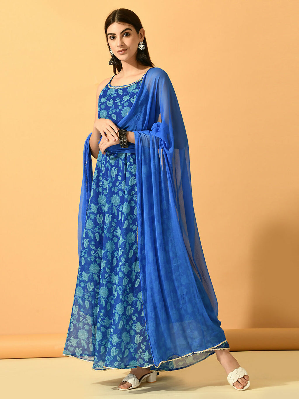 Myshka Women's Blue Festive Flared Anarkali Kurta With Dupatta sets