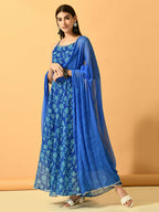 Myshka Women's Blue Festive Flared Anarkali Kurta With Dupatta sets