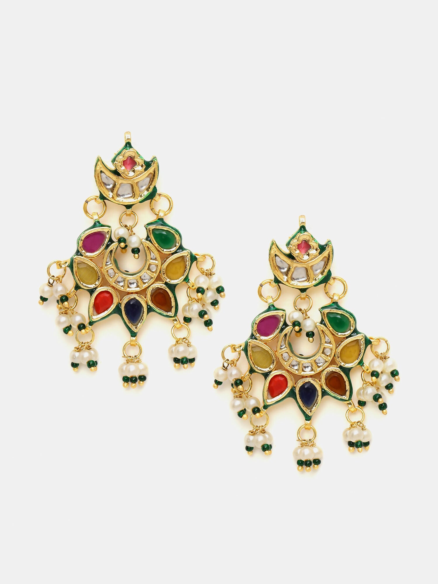 Ruby Raang Gold Polished Multi-Color Navratan Kundan Earrings