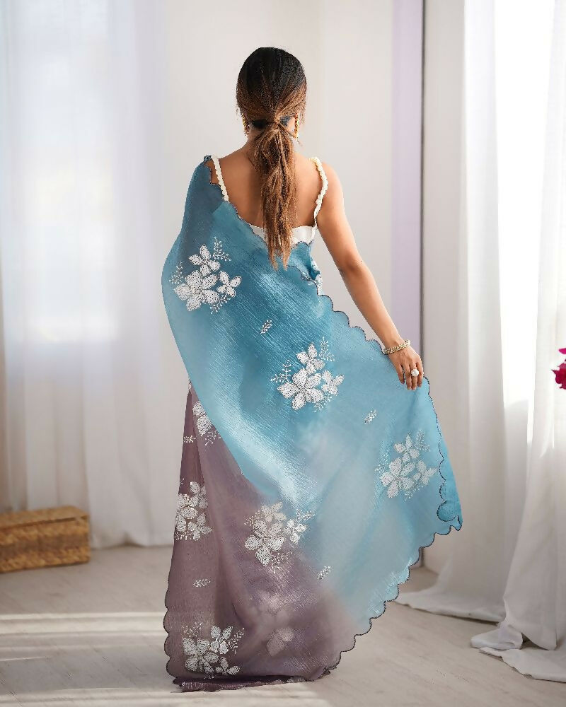 Sky Blue and Grey Crunchy Crush Pedding Color Embroidery Work Party Wear Saree - Zuleika