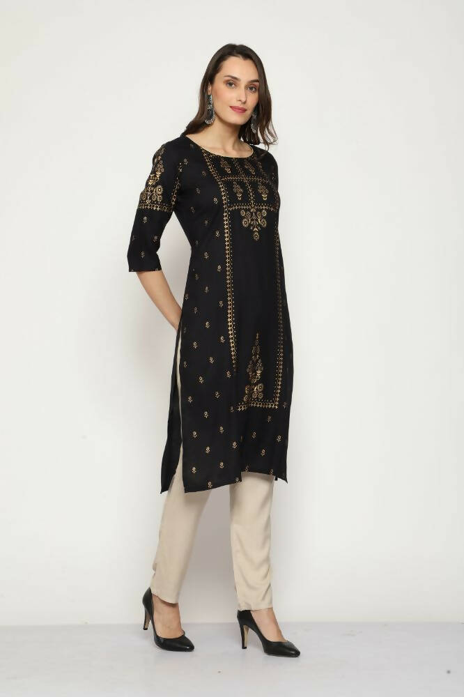 Maai Rayon Hand Printed Kurta Black - Distacart