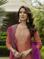 The52 Orange Women's Gorgeous Embroidered Rayon Fabric with Straight Kurta, Pant and Dupatta Set - Distacart