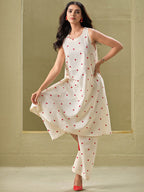Sangria Off White Geometric Printed Round Neck A-Line Pure Cotton Kurta With Palazzos