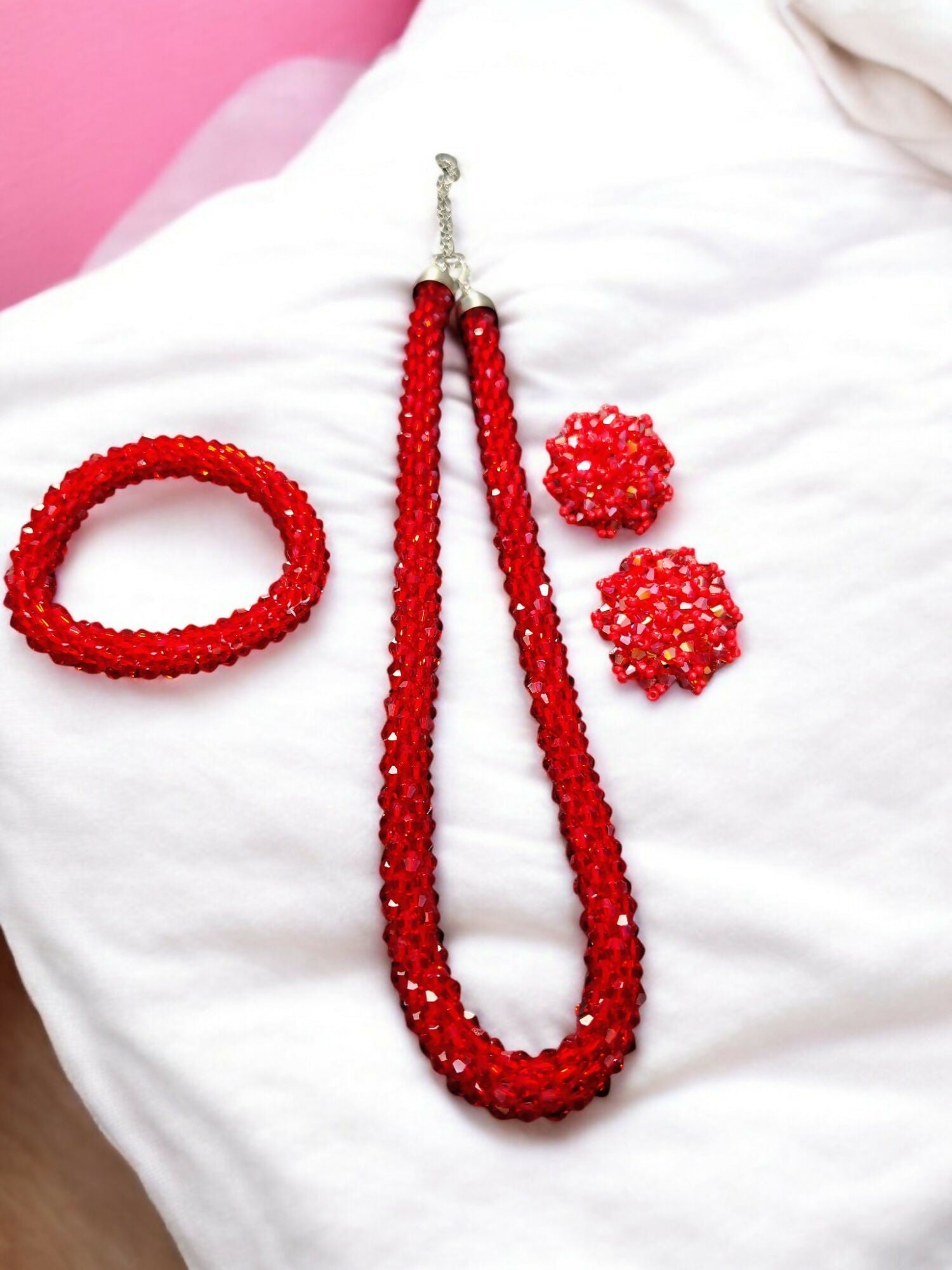 Inhanns Complete Look Crystal Statement 3-Piece Set (Adjustable Necklace + Earrings + Adjustable Bangle ) - Red