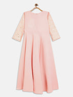 Ahalyaa Pink Crepe & Net Foil Print Kids Dress For Girls