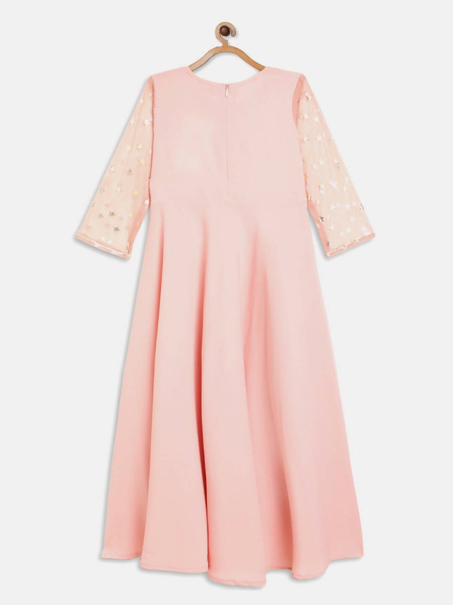 Ahalyaa Pink Crepe & Net Foil Print Kids Dress For Girls