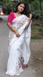 Exclusive Collection White Pure Cotton Handloom Embroidered Saree