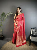 Joban Fashion Red Floral Motifs & Ethnic Design Soft Satin Silk Kanchipuram Saree - Distacart