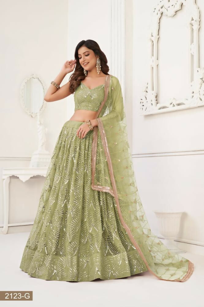 Aastha Fashion Pista Green Butterfly Net Tone To Tone Thread Work, Sequence Work And Original Mirror Work Embroidery Wedding Wear Lehenga Choli