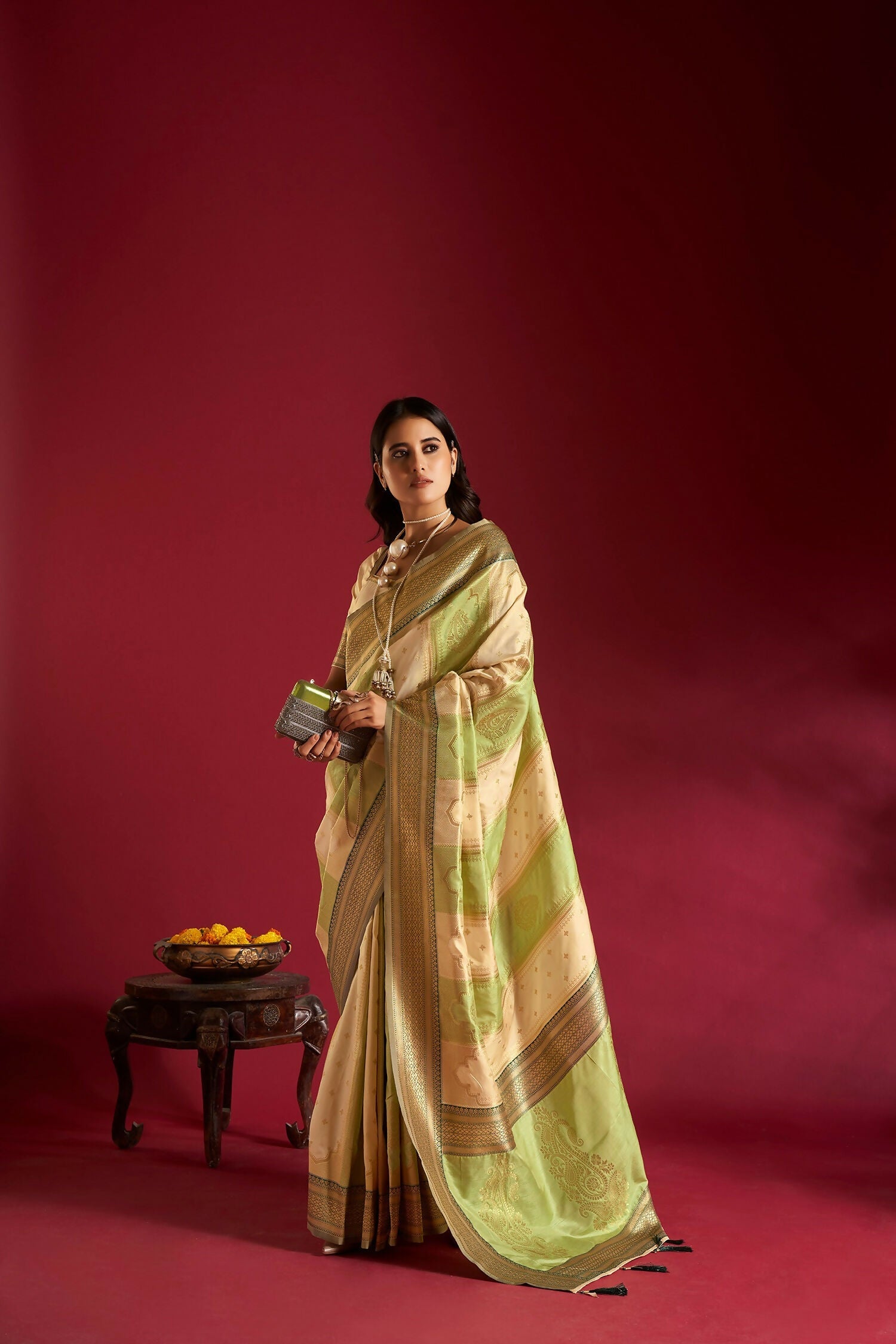 Joban Fashion Cream & Parrot Green Plain With Weaving Border Banarasi Silk Sarees